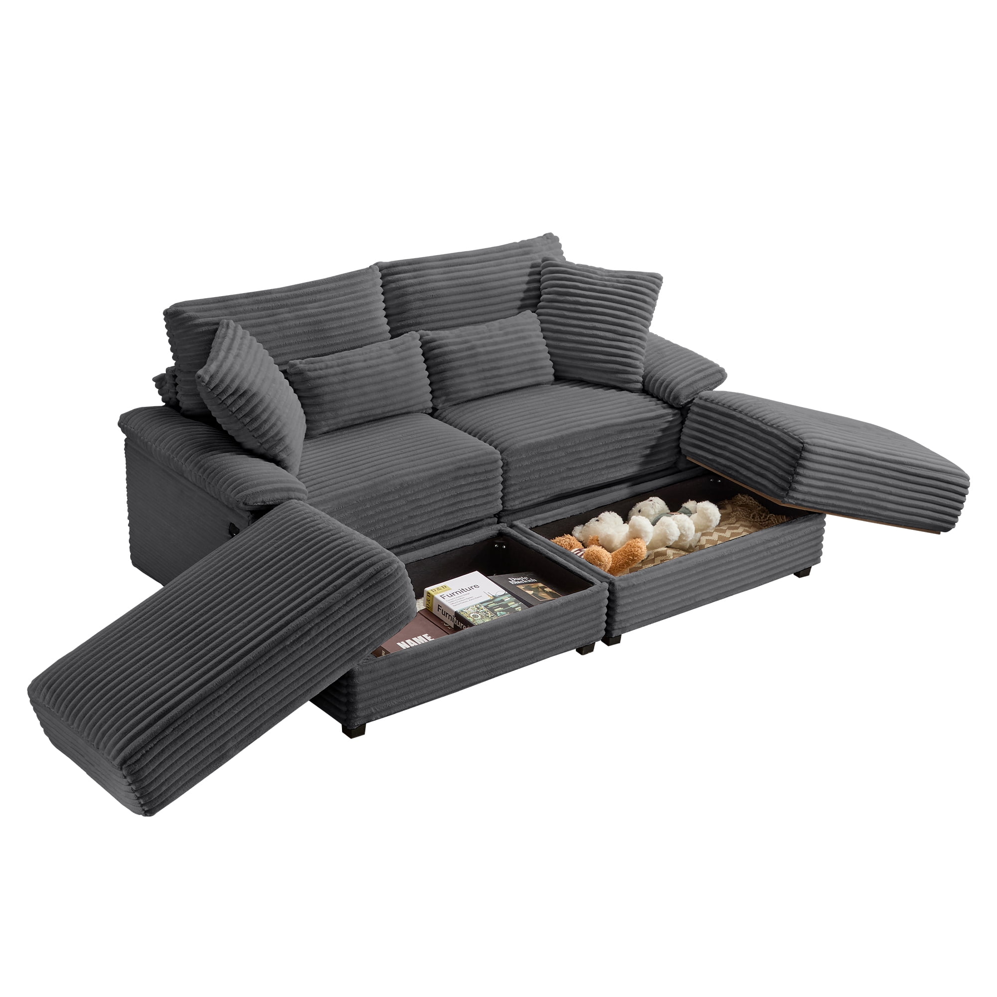 Alvantor 74" Sofa Loveseat with Reversible Ottoman & USB Port Corduroy Chaise Couch for Living Room Drak Gray