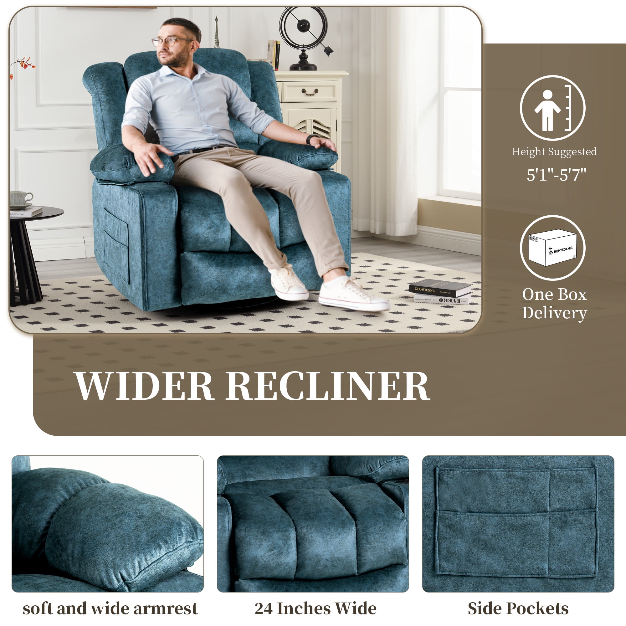 HOMYEDAMIC 23.6" Wide Recliner Chair, Rocker Swivel Recliner, Modern Ergonomic Single Sofa Chair with Foam Filling for Living Room Lounge, With Side Pocket