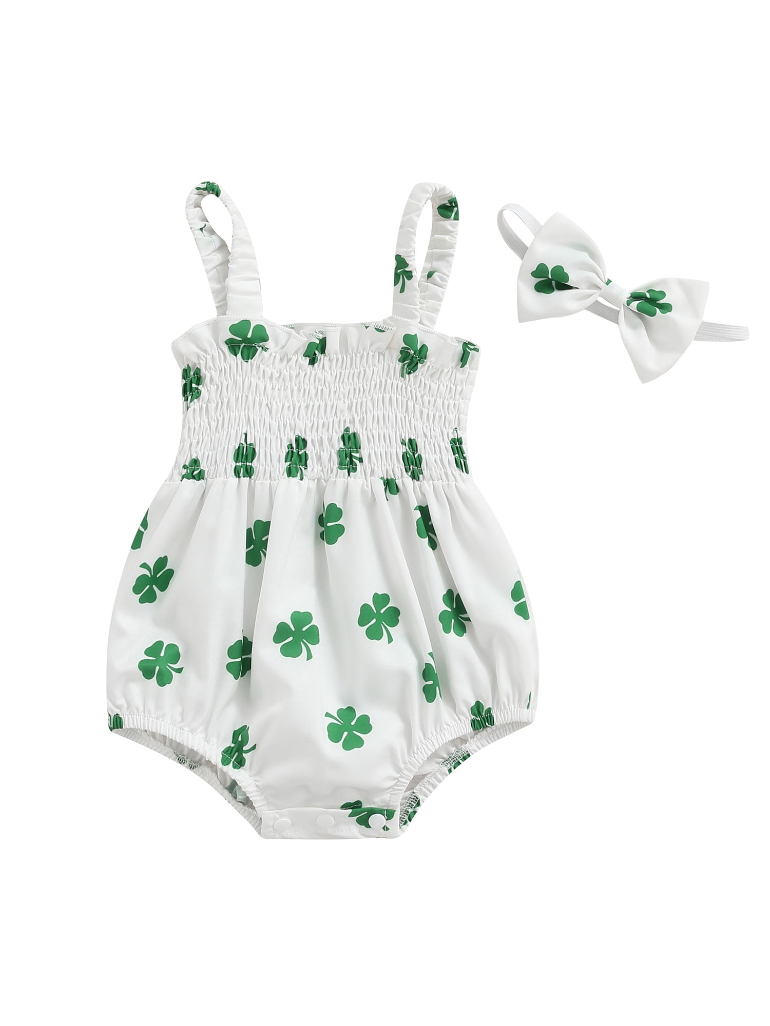 4Clovers Baby Girls Romper Infant Toddler Ruffled Floral Casual Strap Jumpsuit Outfit Clothes with Headbabd