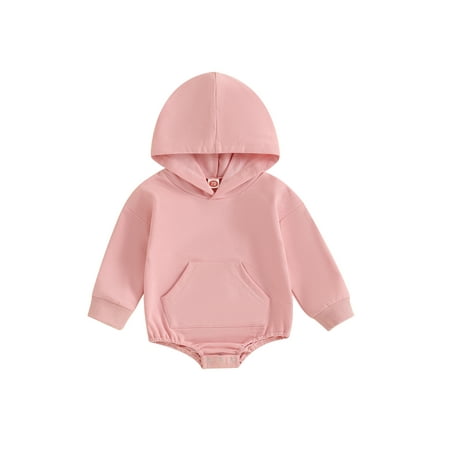 

Suanret Baby Boys Girls Hooded Romper Long Sleeve Front Pocket Solid Color Bodysuit Newborn Playsuit Pink 6-12 Months
