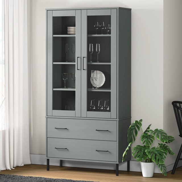 vidaXL Adult Standard Tall Bookcase with Metal Legs Grey 85x35x172.5 cm Solid Wood OSLO