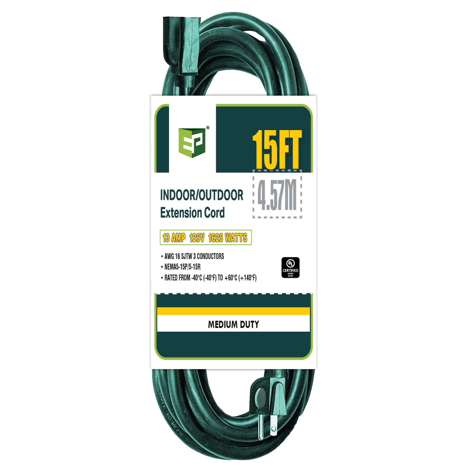 EP 15 Ft Green 16/3 SJTW Extension Cord Outdoor/Indoor Durable