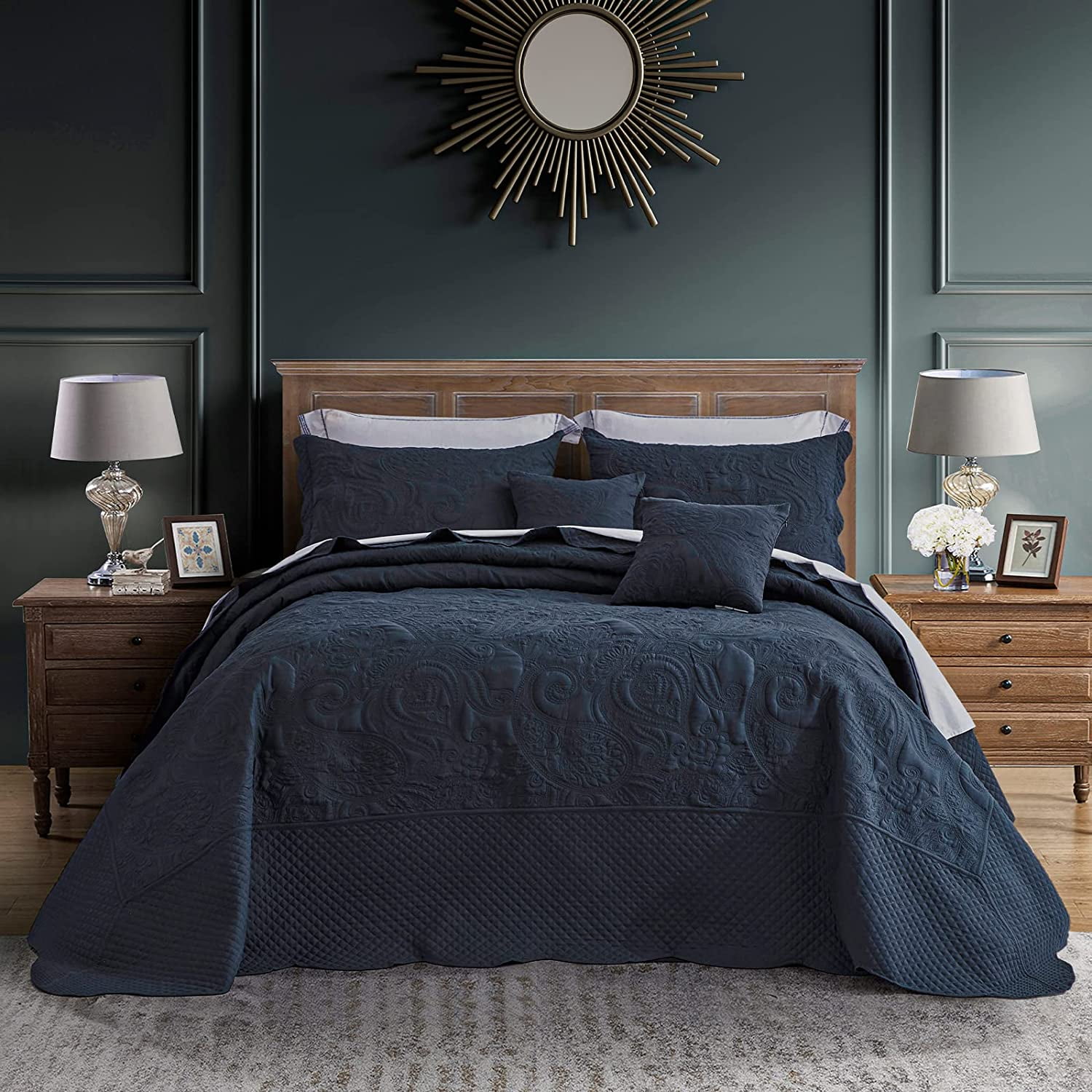 YOUTENG Oversized King Bedspread Navy 128x120 Extra Wide, Paisley Pattern Design, Lightweight