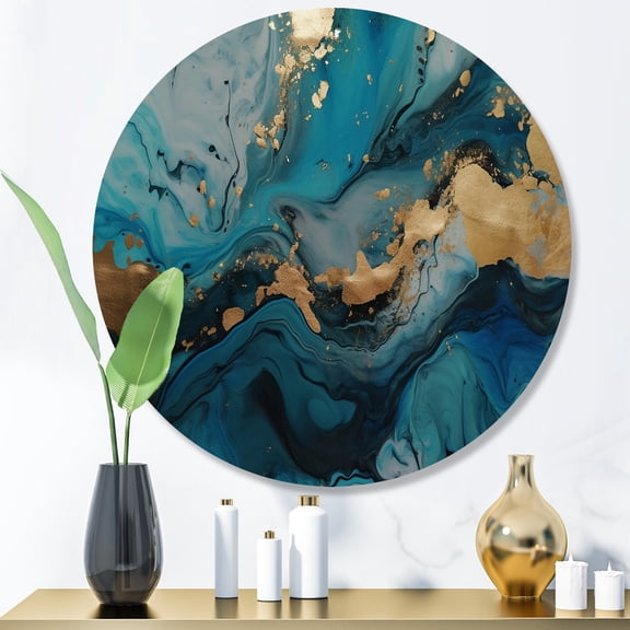 Designart "Geode Discovery Blue and Gold Depths II" Abstract Marble Metal Round Wall Art