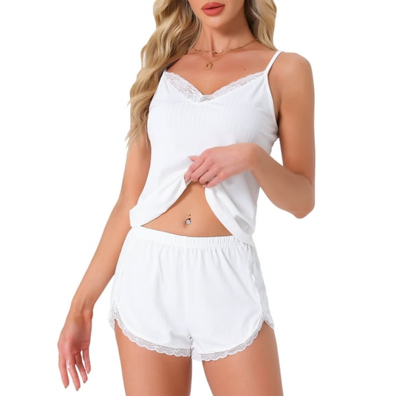 DARING DIVA Pajama Sleeveless Nightwear Ribbed Knit Lace Trim Cami Sets XS White