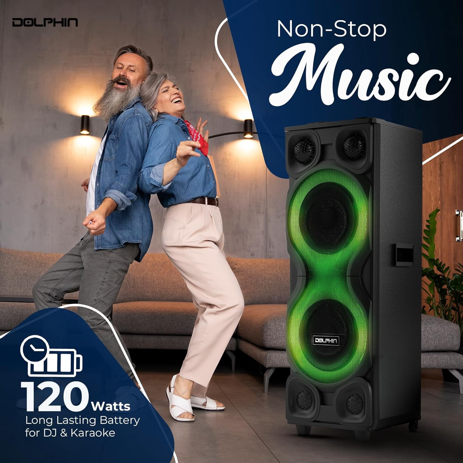 Dolphin SP-2250RBT High-Power Big Party Speaker – X-BASS, Strobe & LED Infinity Lights, Bluetooth, Wood Cabinet MDF, 2 UHF Wireless Mics, 120W, Long-Lasting Battery for DJ & Karaoke