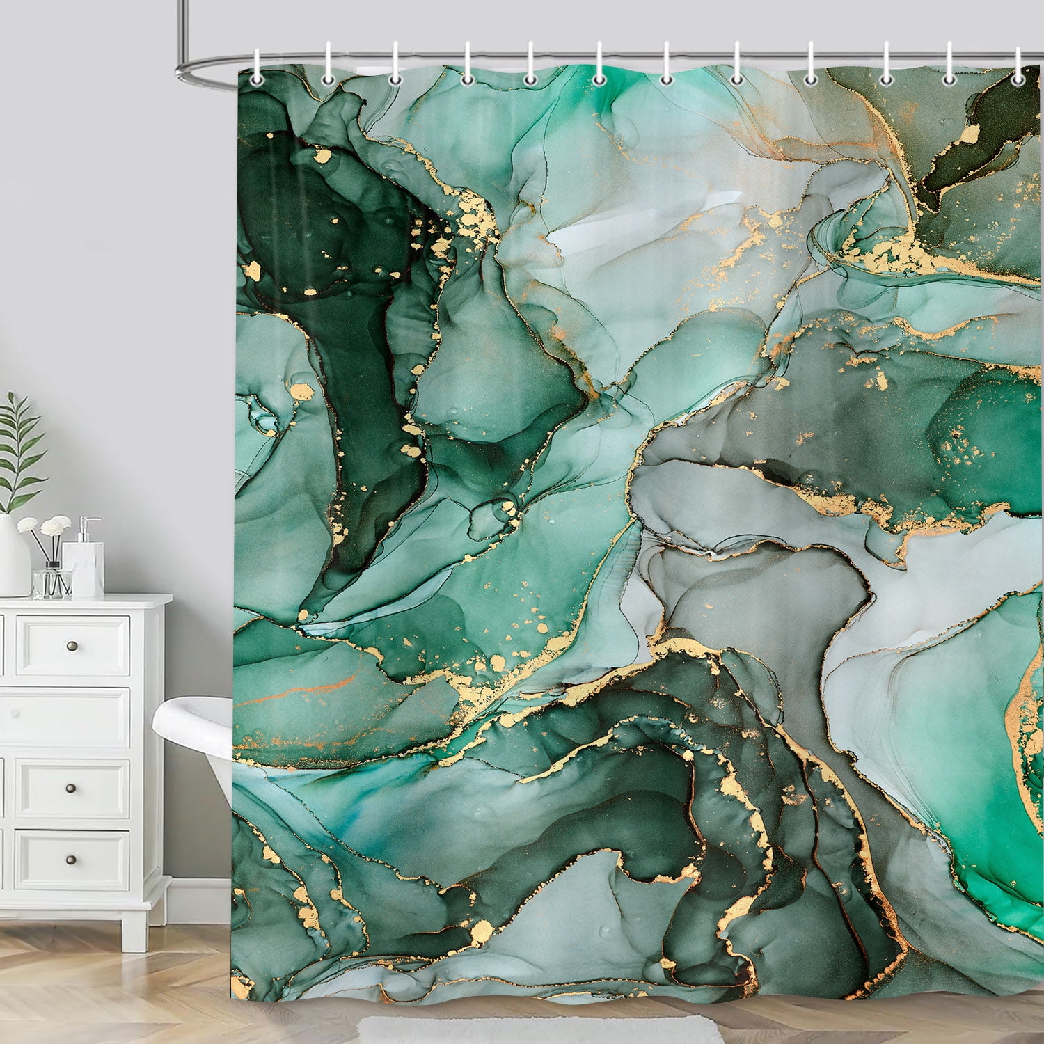 Colorful Shower Curtain,Green Gold Marble Texture Shower Curtain for Bathroom,Watercolor Abstract Bath Curtain,Modern Ink Art Decor Fabric Shower Curtain Set with Hooks 72X84in