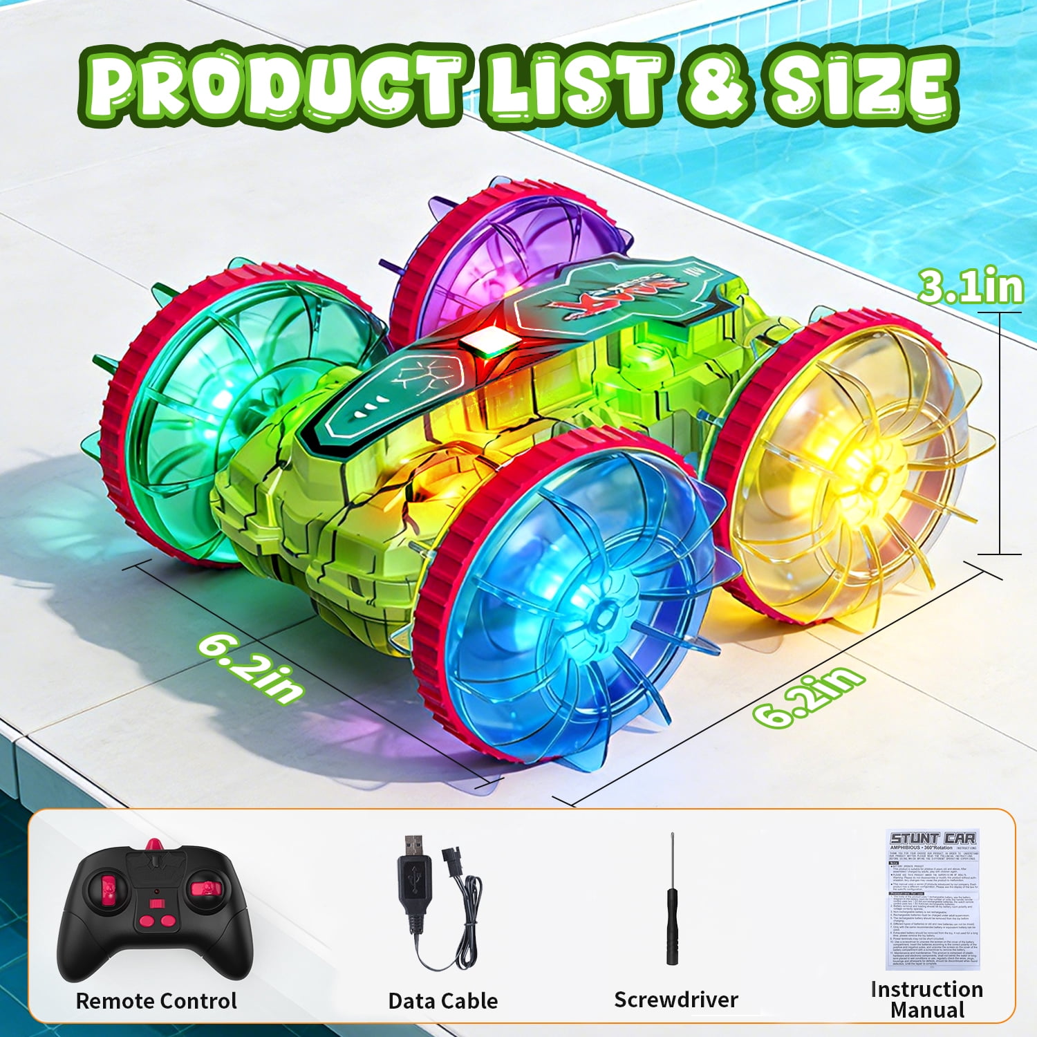 JoyStone Amphibious RC Car for Kids, 4WD Waterproof All Terrain Remote Control Stunt Truck with Double-Sided Driving, LED Light-Up Wheels, 2 Batteries, Green