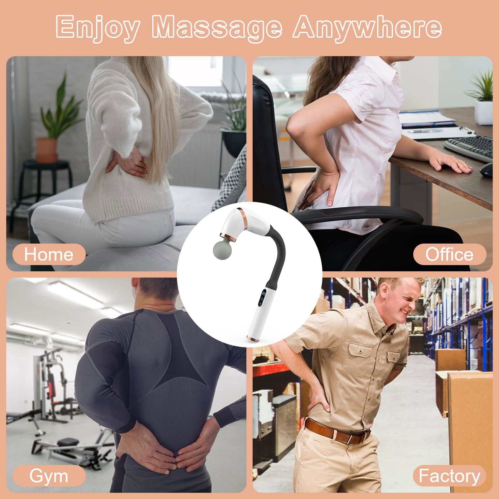 LumixPro Extended Handle Massage Gun, 6 Heads Deep Tissue Back Massager, 6 Speeds Percussion Muscle Massager for Pain Relief, Cordless for Home Gym