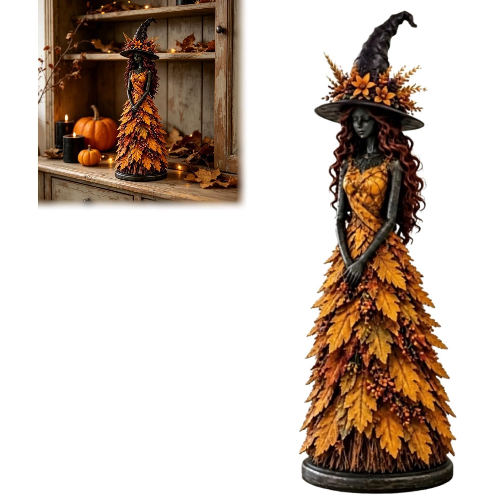 Enchanted Autumn Witch Figurine Halloween Witch Statue with Layered Fall Leaf Dress Seasonal Witches Statue for Fireplace Mantel Shelf Home Office Harvest Decoration Gift Yellow M