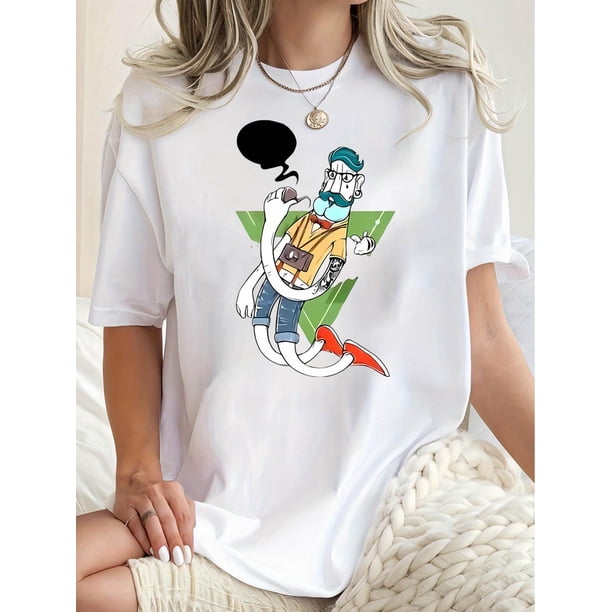 1pc Women'S Casual Crew Neck T-Shirt with Quirky Character and Speech Bubble Print, Geometric Pattern, Polyester Knit Fabric, Medium Stretch, All-Season Comfort Fit, Fashionable Short Sleeve Top