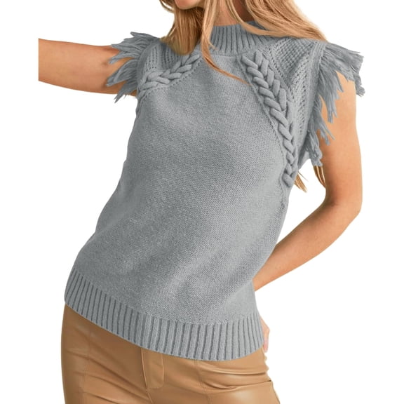 Tassel Covered Sleeve Women's Crew Neck Cable Knit Bohemian Tide Pullover Vest Sleeveless Sweater Tank Top