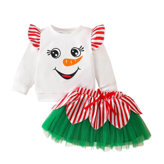 Bainana Girls Christmas Outfit Set Long Sleeve Cartoon Striped Print Sweatshirt Skirt 2 Pieces Clothes Set Toddler Kids Trendy Daily Wear