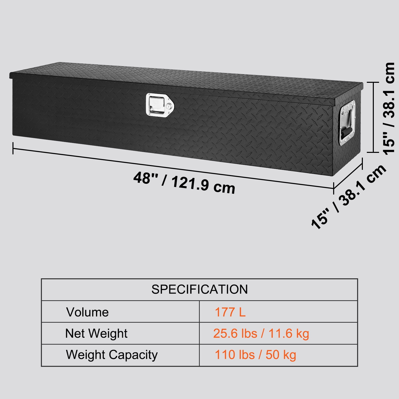 VEVOR 48"x15"x15" Heavy Duty Aluminum Bar Tread Tool Box for Pick Up Truck Bed