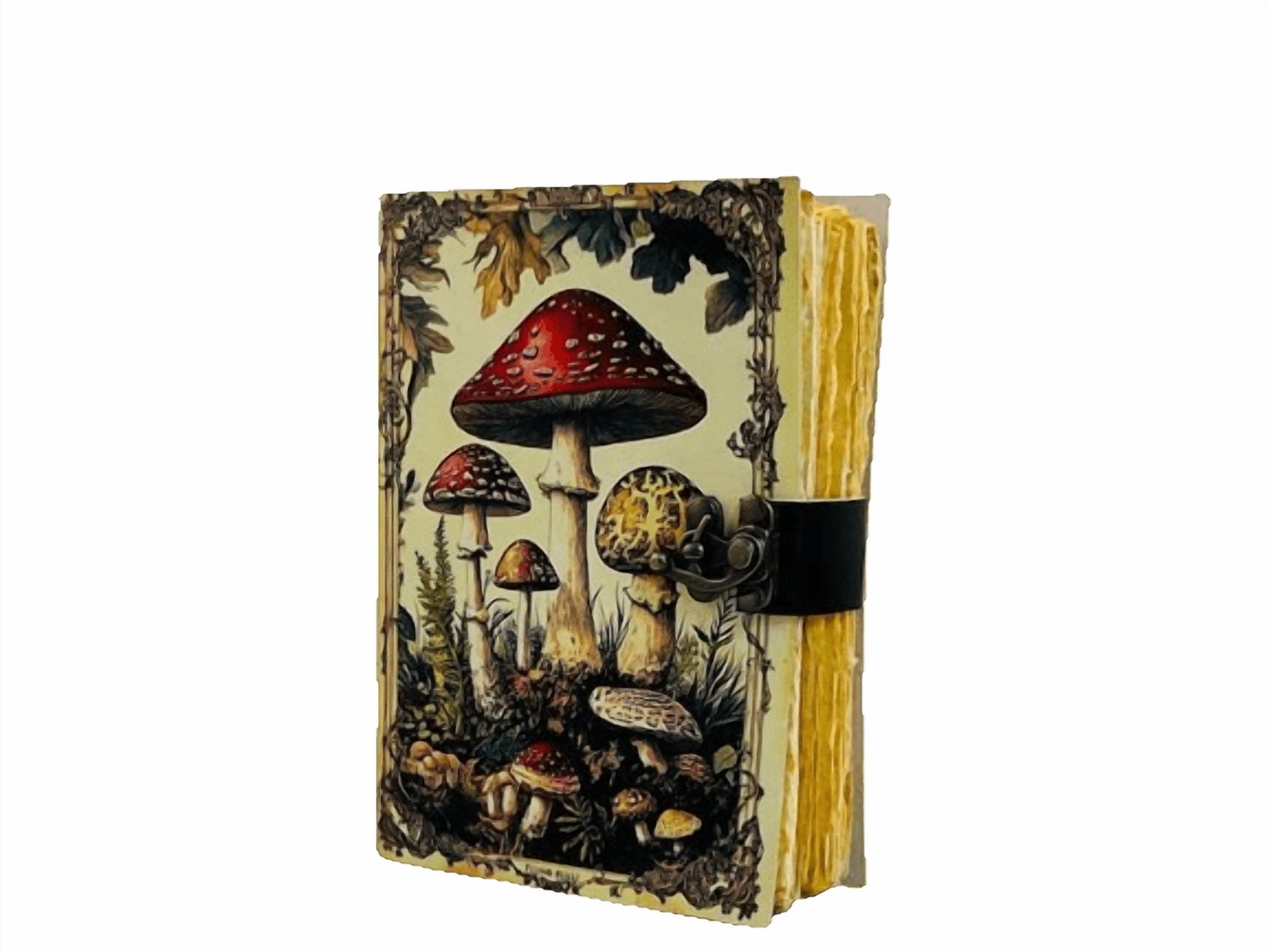 Vintage Mushroom Leather Journal, 5x7 Inch Handmade Notebook with Amanita Artwork, 200 Eco-Friendly Handmade Paper Pages, Antique Locking Diary for Writing & Sketching
