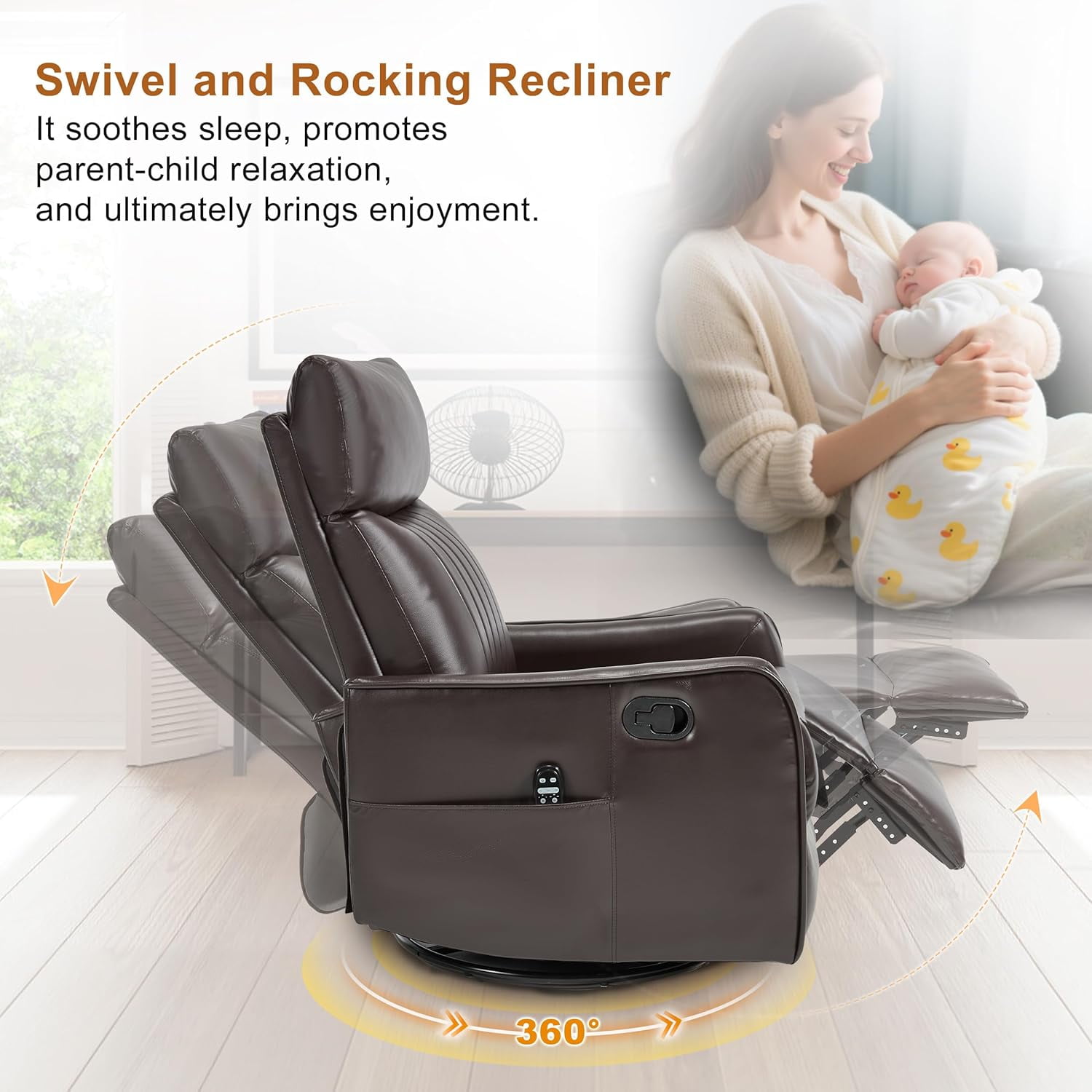Ywen Manual Swivel Rocker Recliner Chair for Adults, Overstuffed Recliner Glider with Massage and Heat, Living Room Reclining Chair, PU Leather Dark Brown