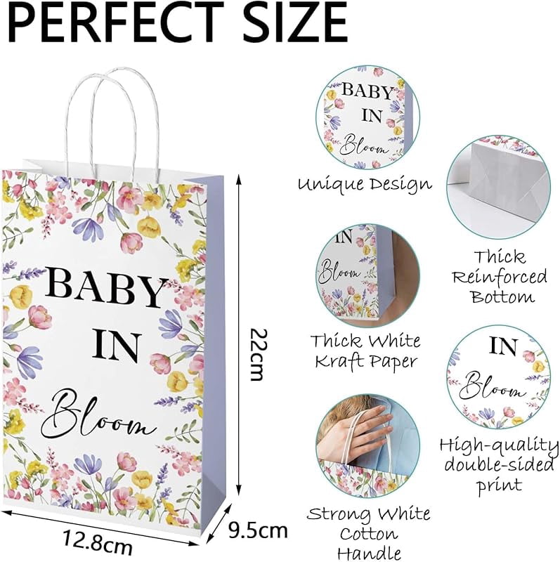 20Pcs Baby In Bloom Baby Shower Decorations，Bloom Baby Gift Bag for Girls，Gender Reveal Gift Bag，Boho Sweet Baby 1st Birthday Party Supplies, Floral Paper Gifts Bag with Handle 8.6*5*3.7inch