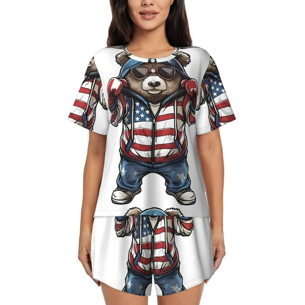 Balery Patriotic Boxing Bear Art Conjunto de Pijama para Mujer con Estampado, Dos Piezas de Manga Corta y Shorts, Ropa de Dormir Suave con Cuello Redondo y Bolsillos-Large