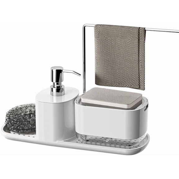 4-in-1 Kitchen Soap Dispenser Set, Countertop Sink Organizer with Dish Soap Dispenser, Hand Soap Dispenser, Sponge Holder & Drain Tray, White Kitchen Storage Gadget for Sink Countertop