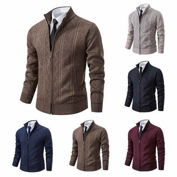 Miluxas Men's Cardigan Sweaters Full Zip Up Stand Collar Slim Fit Casual Knitted Sweater with 2 Front Pockets Wine