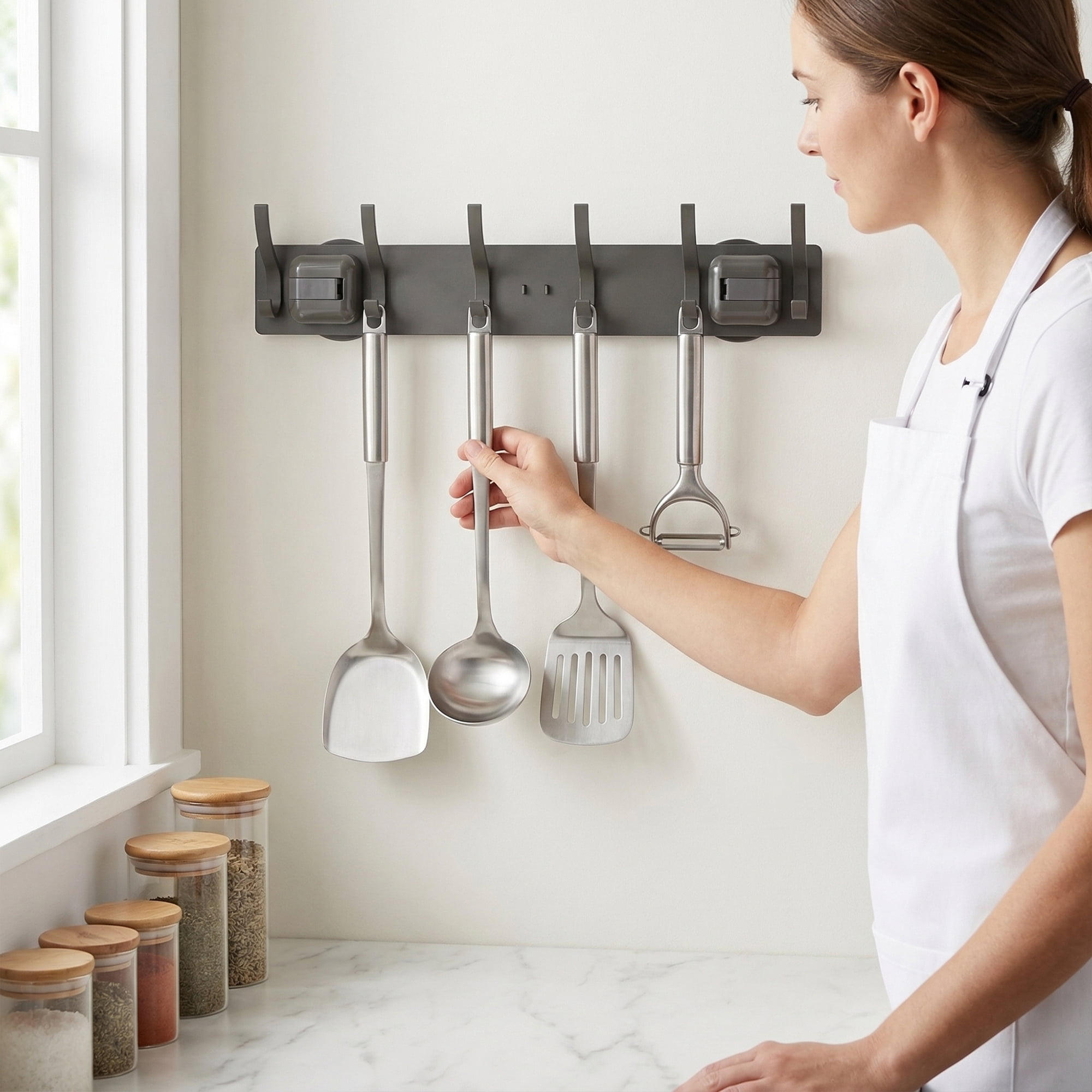 Unique Bargains Coat Rack Wall Mount Metal Suction Round 6 Hooks Rack gray 16.1"x2.4"