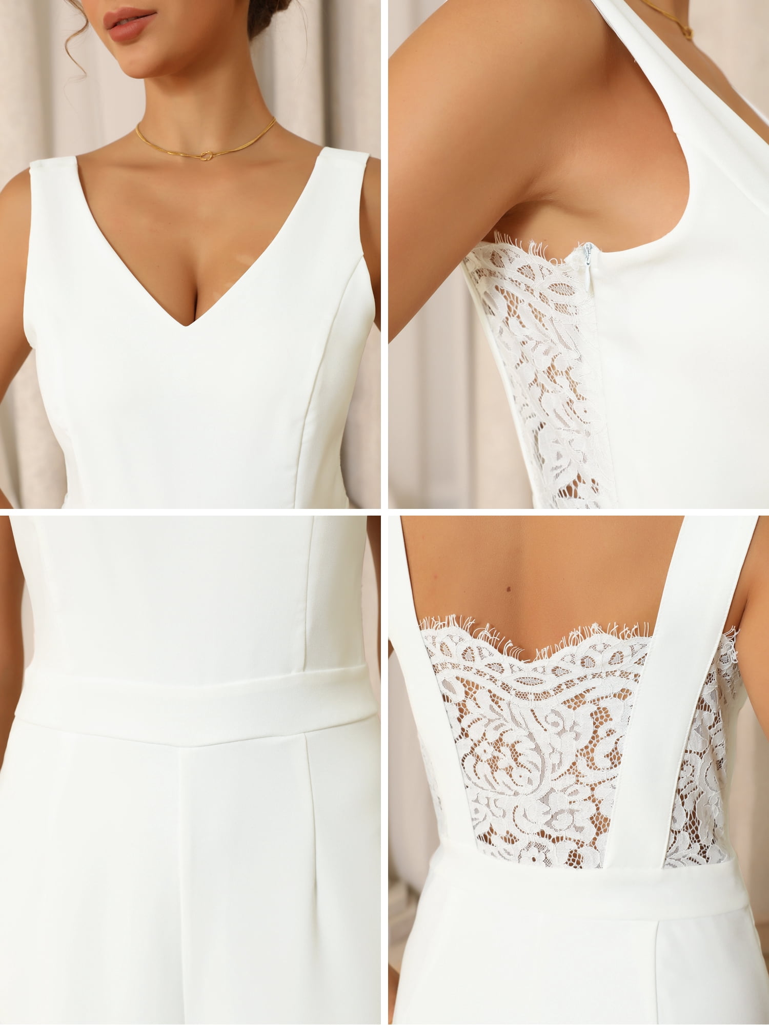 DARING DIVA Women's Cocktail V Neck Lace Backless Wide Legs Small White