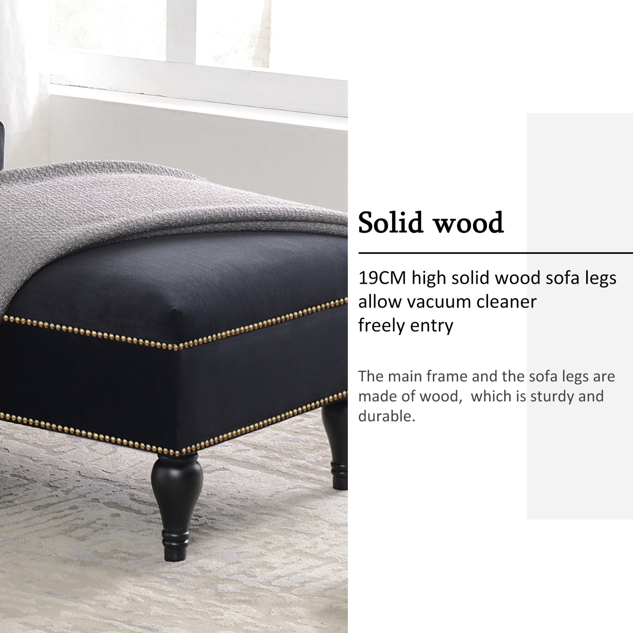 Noble House 58" Right-Arm Facing Velvet Chaise Lounge with Button Tufting and Nailhead Trim, Sleeper Lounge Sofa, Black