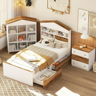 Newboti Furniture 3-Pieces Bedroom Sets, Twin Size House-Shaped Wooden Bed With Storage Drawers, Nightstand With Colorblock Design And House-Shaped Stroage Rack, Brown White 7490