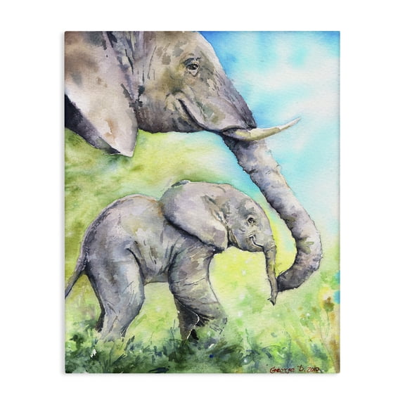 Stupell Industries Traditional Cute Baby Elephant Family Animal Blue Watercolor Canvas Art, 16 x 20, by George Dyachenko