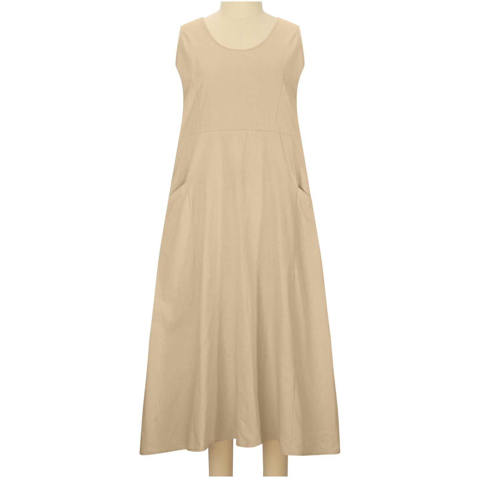 BiZtdJrK Women's Sleeveless Summer Dresses Solid Color Casual Baggy Flowy Maxi Dresses Vacation Beach Sundresses with Pockets, Khaki, M
