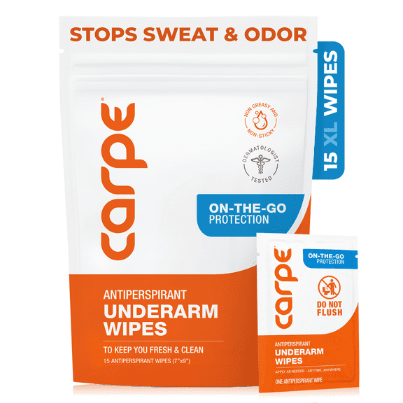 Carpe Antiperspirant Underarm Wipes, Sweat Blocking Wipes for On the Go and Travel, 15 Wipes