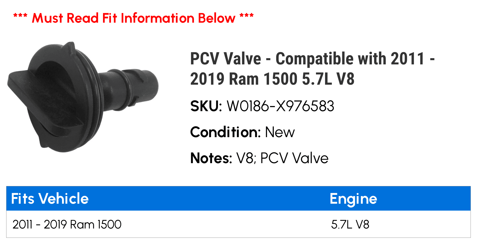 PCV Valve - Compatible with 2011 - 2019 Ram 1500 5.7L V8 2012 2013 2014 2015 2016 2017 2018