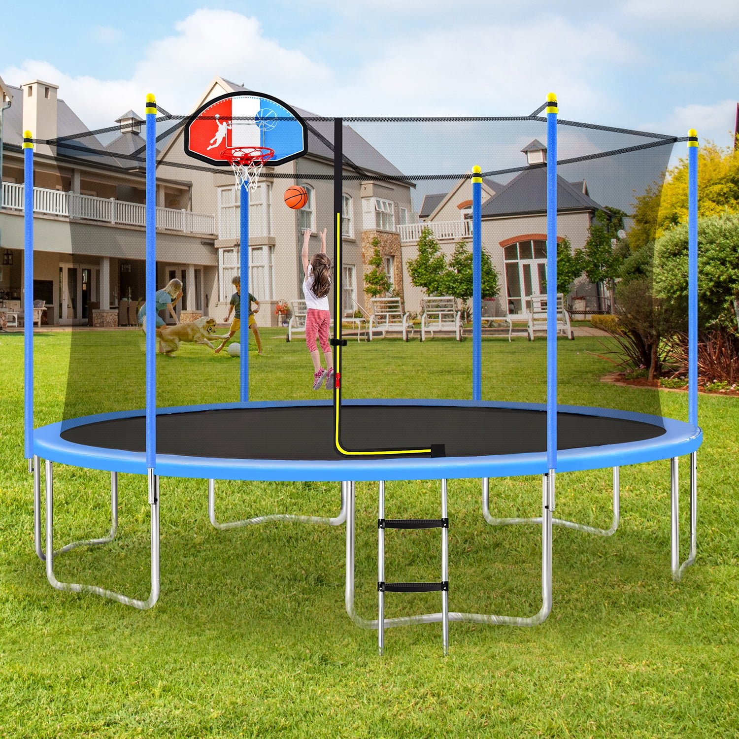 Kadyn 15FT Jumping Trampoline, Metal Mini Small Trampolines with Basketball Hoop and Ladder, Round Recreational Trampoline with Safety Enclosure Net, Blue Kadyn 15FT Jumping Trampoline, Metal Mini Small Trampolines with Basketball Hoop and Ladder, Round Recreational Trampoline with Safety Enclosure Net, Blue