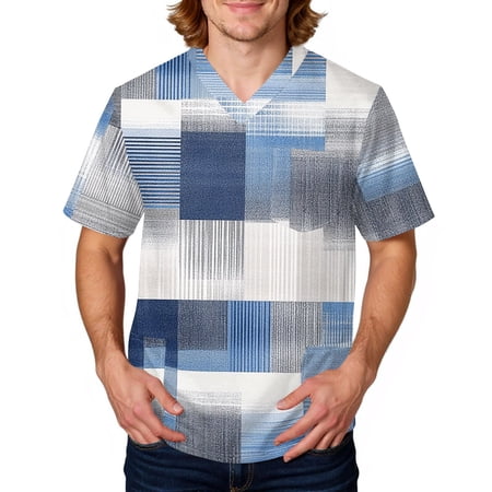 Domuza Scrub Tops Men Plaid Stripe Printed V Neck Short Sleeve Work Uniform Loose Fit Soft Comfy Medical Workwear with 3 Pockets Sky Blue 5XL