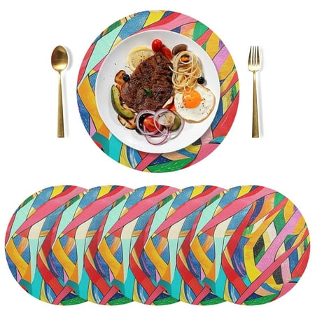 

Round Placemats Plate Mats 15 Inch Non-Slip Heat Resistant Washable PVC Set Table Decoration for Kitchen Dining Abstract Painting with Colorful