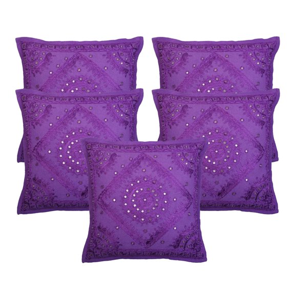 Stylo Culture Ethnic Decorative Throw Pillow Covers 16x16 Hand Embroidered Purple Boho 40 x 40 cm Home Decor Cotton Mirrored Square Cushion Covers | Set Of 5