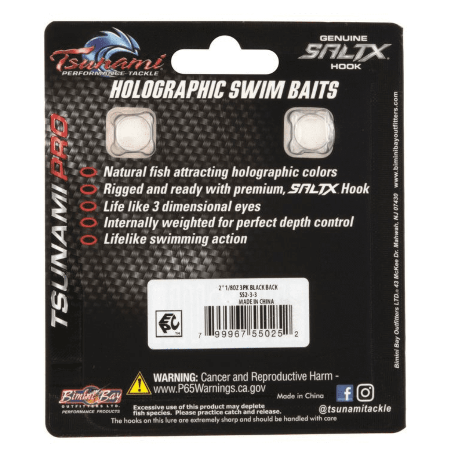 Tsunami 2'' Holographic Swim Shad Fishing Lure, Black Back, 3-Pack
