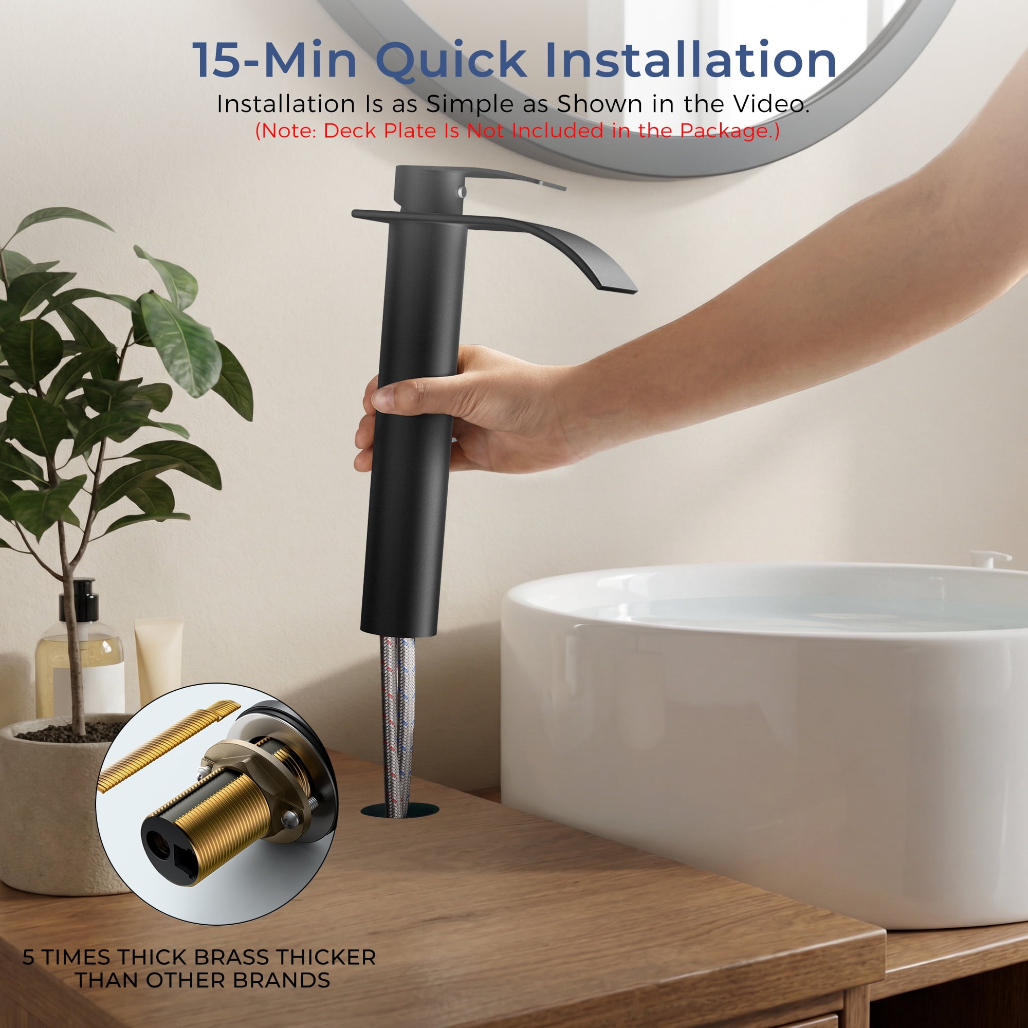 TVOFEK Tall Waterfall Bathroom Vessel Sink Faucet Single Handle, One Hole Matte Black Bathroom Faucet with Metal Pop up Drain and cUPC Hoses, 11 inch Faucet for Basin Bath