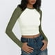 thumbnail image 3 of Top de manga larga slim fit con bloques de color para mujer: ligeramente corto, camisas informales elásticas de mezcla de poliéster, 3 of 6