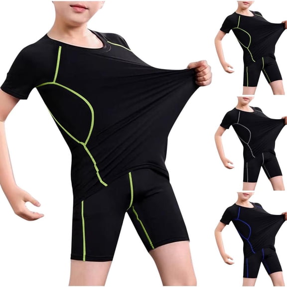 BXSRUTA Boys Youth Two-Piece Rash Guard Swim Set with Quick Dry and Sun Protection High Stretch Polyester