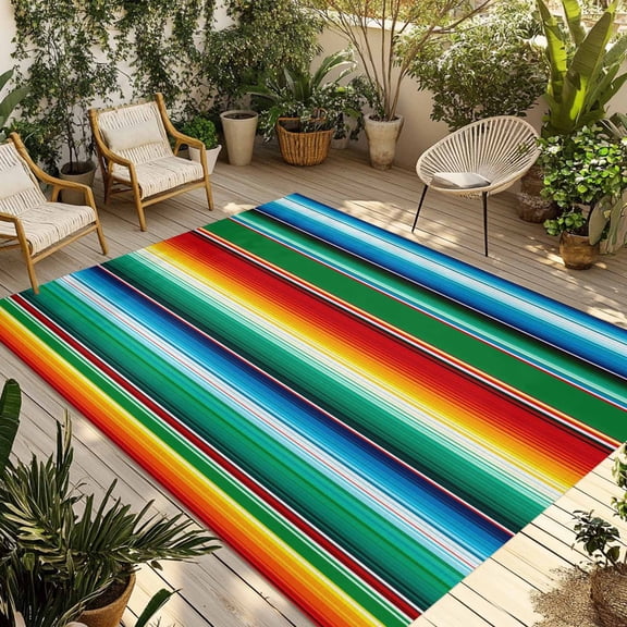 Mexican Stripes Outdoor Rug for Patio/Deck/Porch, Non-Slip Large Area Rug 5 x 8 Ft, Colorful Striped Mexican Fiesta Theme Indoor Outdoor Rugs Washable Area Rugs, Reversible Camping Rug Carpet Runner
