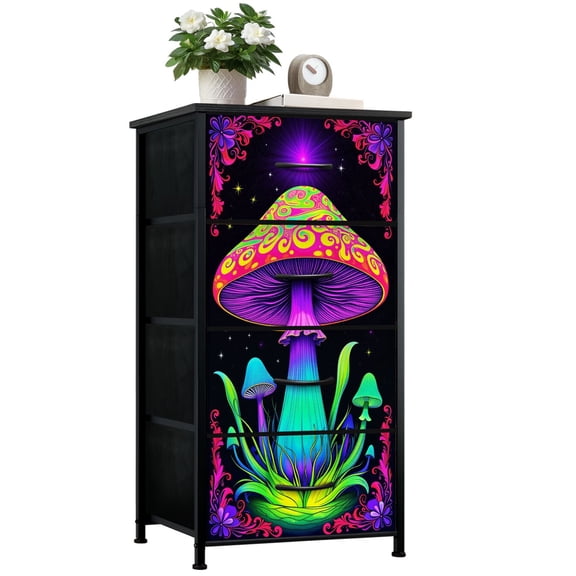 Dresser for Bedroom with 4 Storage Drawers Vibrant Psychedelic Mushrooms Swirling Neon Colors Cosmic Dressers Chest of Drawers Steel Framed Fabric Closet Organizers for Entryway
