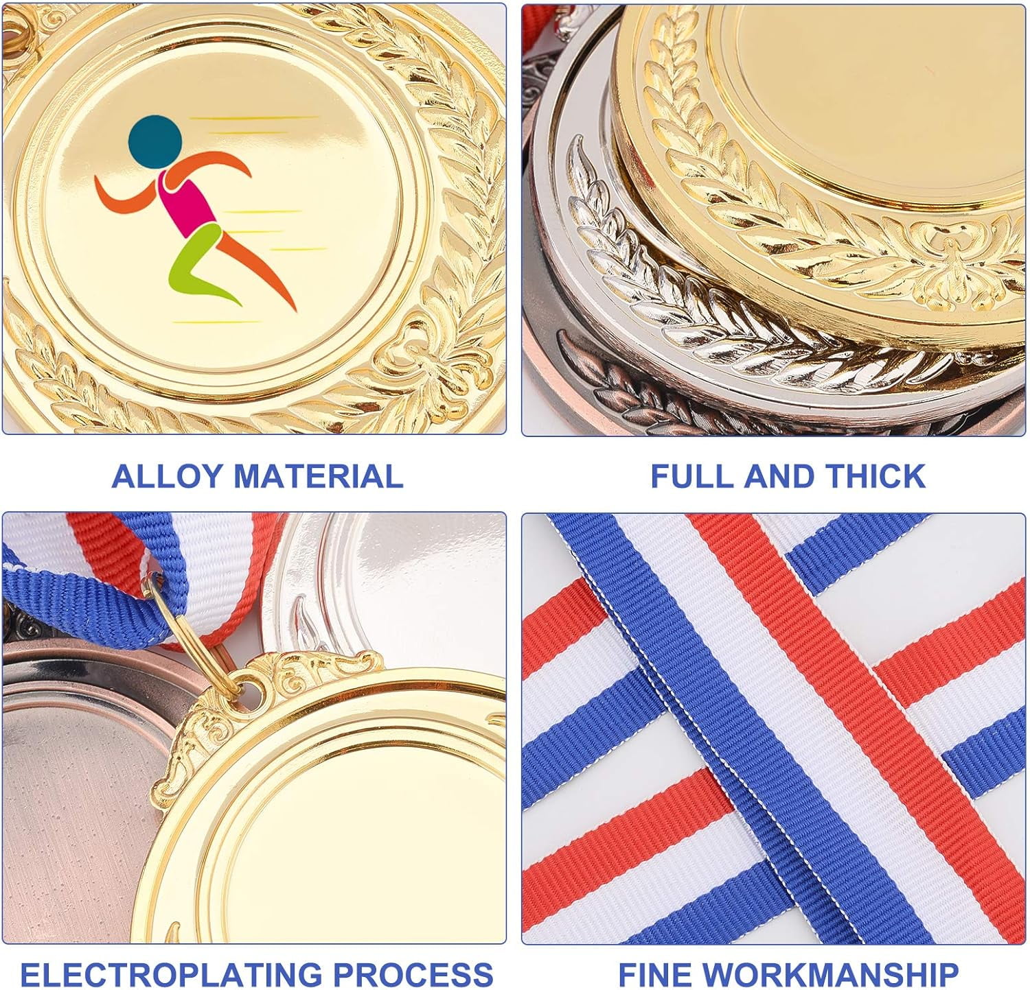 Colorful Gold Silver Bronze Award Medals 12 Pcs 3 Colors Sports Medal Winner Medals Gold Silver Bronze with Neck Ribbon