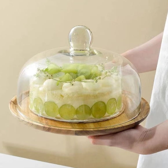 Raindrops Wooden Cake Tray with Glass Dome for Storage Use Multi Elegant Display for Cake Dessert 10.5 Inches