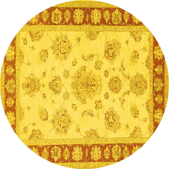 Ahgly Company Machine Washable Indoor Round Oriental Yellow Traditional Area Rugs, 5' Round