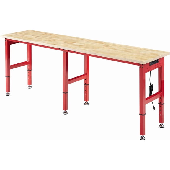 SWICORE Adjustable Workbench with Power Outlets, 2000 LBs Heavy Duty Work Table with Solid Rubber Wood Top,Hooks for Garage,96x24 inches