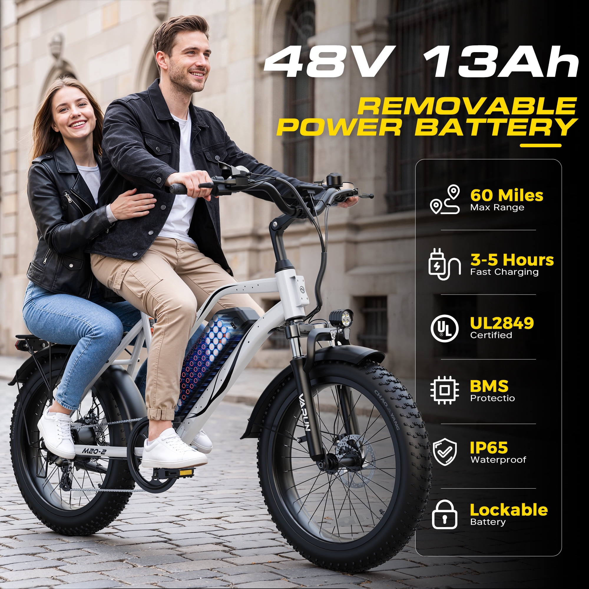 VARUN Electric Bike, 20" Fat Tire EBike for Adults with Peak 750W 48V 624Wh Removable Battery, Electric Mountain Bike for Men & Women with Top 20MPH 60Miles,7 Speed, Rear Rack, UL2849