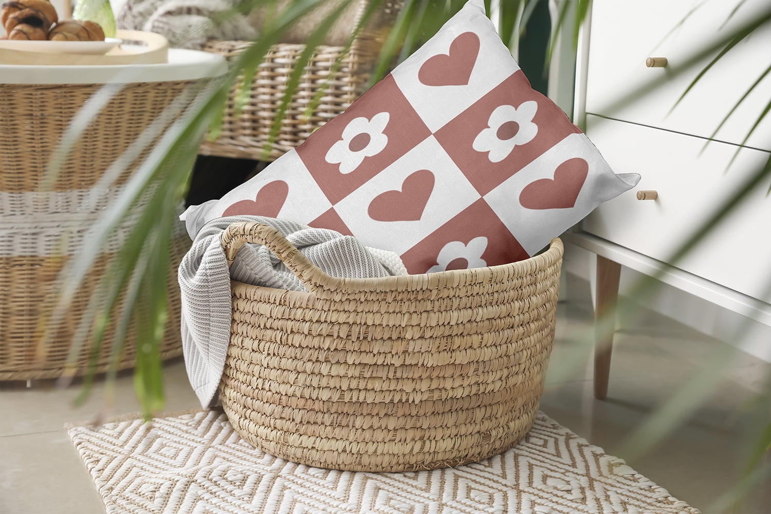 20" x 14" Simply Daisy Heart And Flowers Grid Polyester Indoor/Outdoor Pillow, Rusty Mauve Qty 1