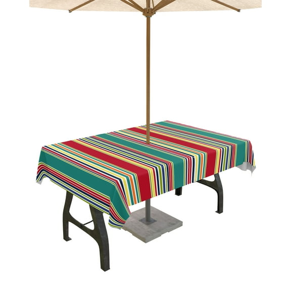 Fsddascl Green Red Striped Outdoor Tablecloth - 52x70 Inch Rectangle Dining Table Cover, Farmhouse Colorful Stripes Waterproof Outdoor Table Cloth with Umbrella Hole & Zipper for Picnic/Patio/Party