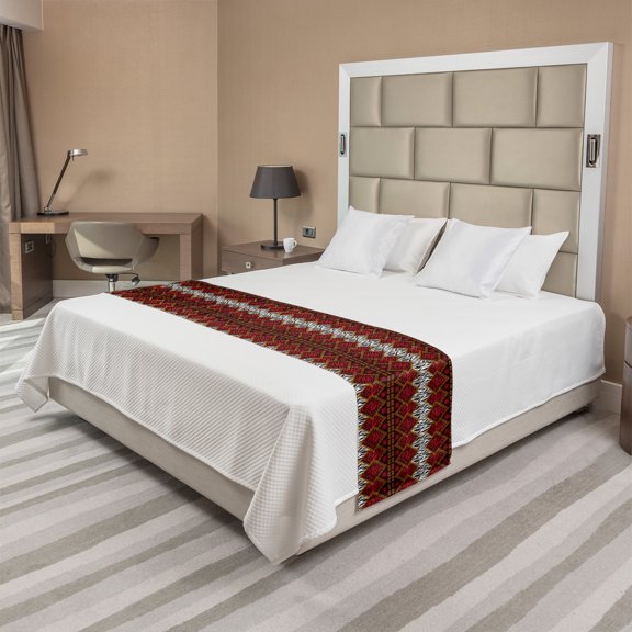 Safari Bed Runner, Animal Skin Stripes in Diamond Pattern Native Art, Decorative Accent Bedding Scarf for Hotels Homes and Guestrooms, Queen, Red and Brown, by Ambesonne